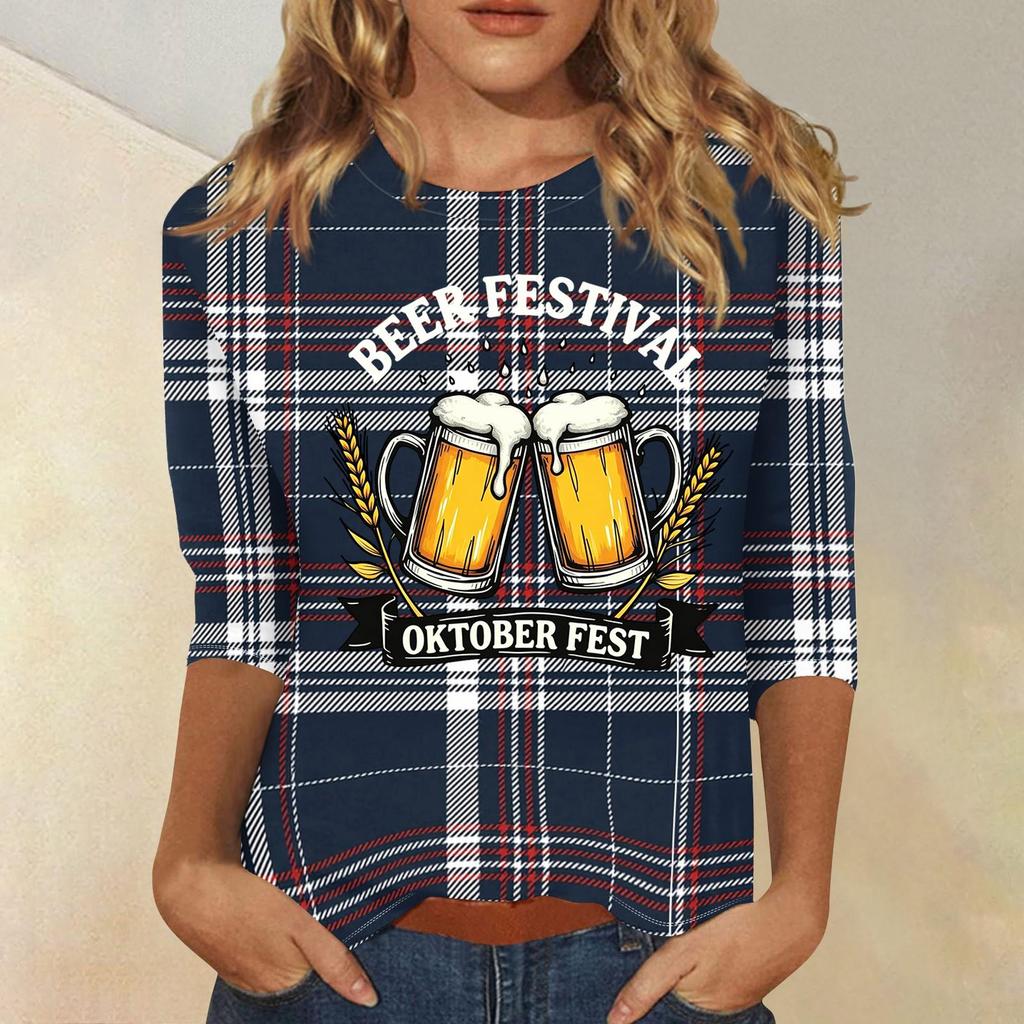Women's Casual Plaid Three Quarter Sleeve Top Beer Festival Oktober Fest Graphic Print Round Neck Blouse