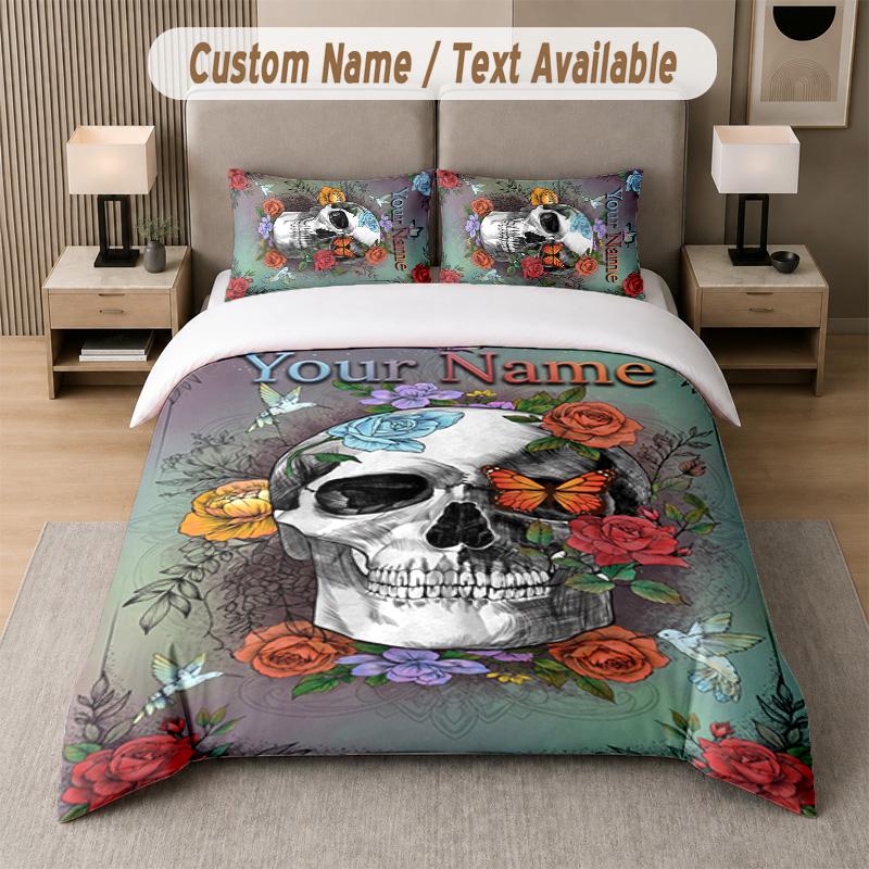 Skull Gothic Theme Custom Text Or Name 3Pcs Bedding Set 1 Flat Sheet & 2 Pillowcases Personalized Home Bedding
