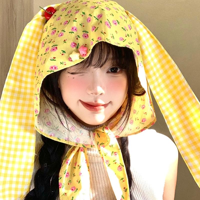 Cute Rabbit Ears Headscarf Hat Cherry Flossom Pattern Soft Cotton Hair Accessory For Women Adults Adjustable Headwear