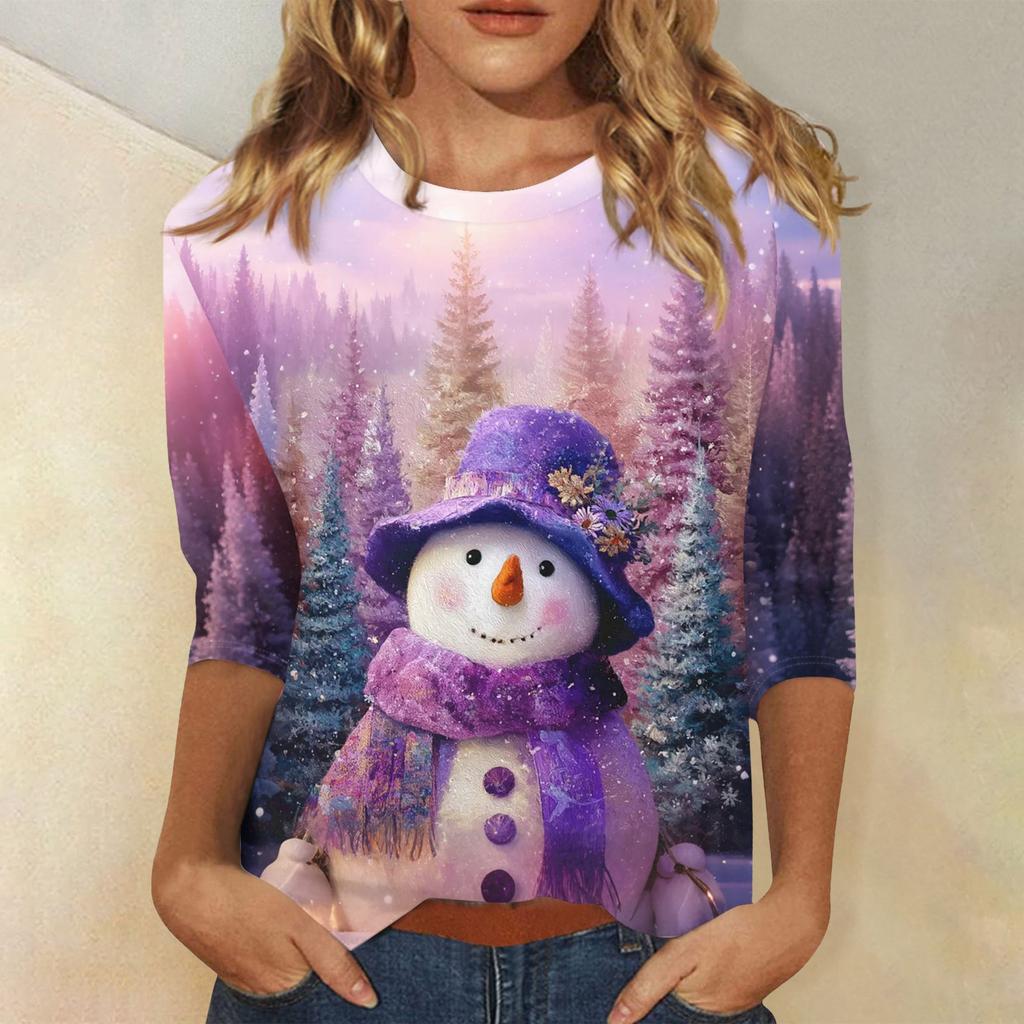 3/4 Sleeve Shirts For Women Print Christmas Tees Blouses Casual Plus Size Basic Tops Pullover