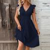 Sommer Damenkleid Spitze Aushöhlung Slim V-Ausschnitt Elastische Taille Kleid Urlaub Mittellange Kleider für Alltagskleidung