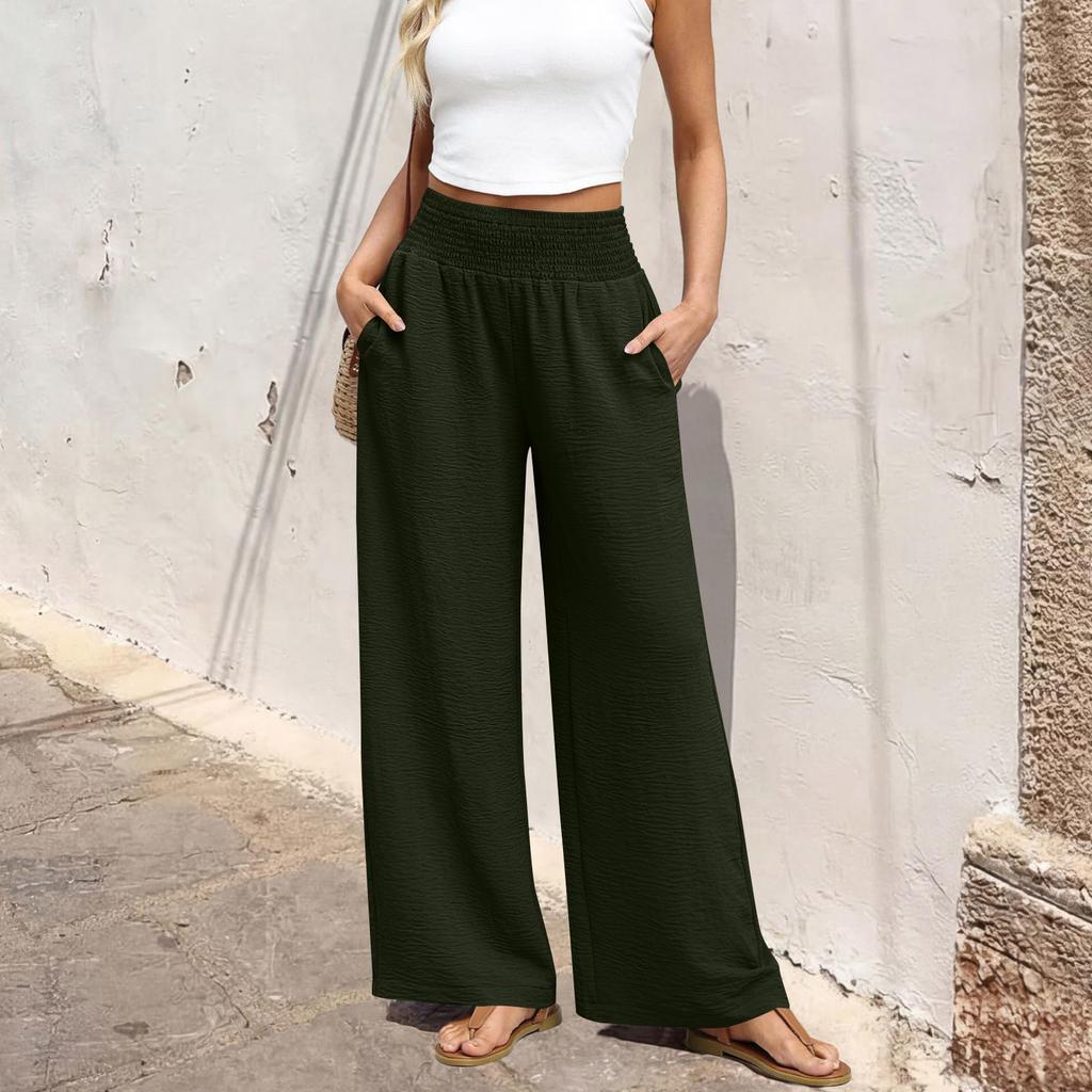 Women High Waist Wide Leg Pants Loose Fit Trousers with Pockets Elastic Waistband Solid Relaxed Fit Casual Trousers for Everyday Wear