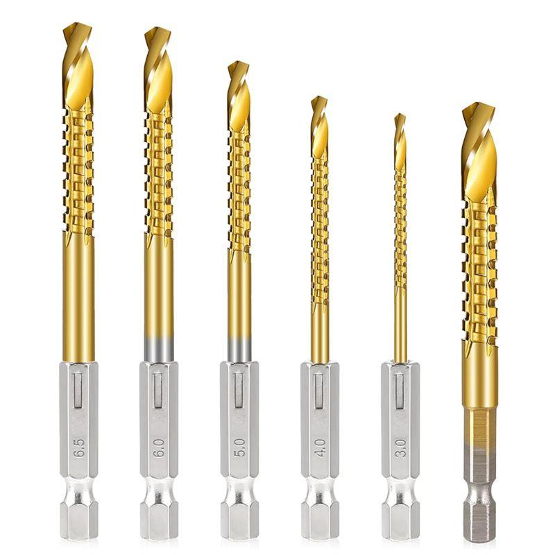 

ABUL-6Pcs Titanium Coated HSS Twist Drill Bits, 3-8Mm Hex Shank Serrated Cutting Drill Bit Spiral Saw Drill Bit золотий