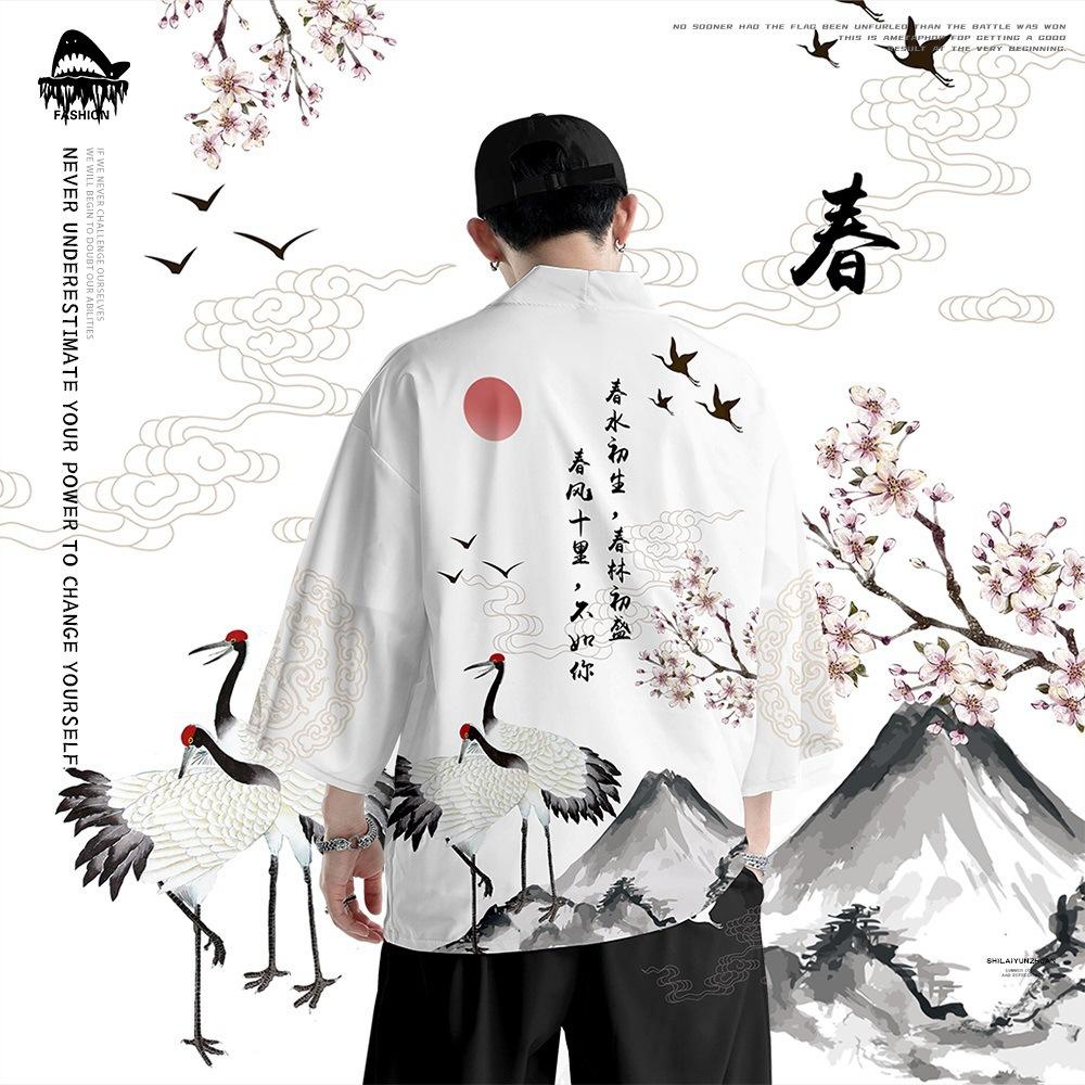 Männer Cosplay Yukata Tops Hosen Chinesischen Stil Japanischen Straße Samurai Harajuku Kimono Anzug Strickjacke