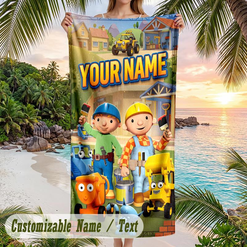 Bob der Baumeister Strandtuch, Personalisiert mit individuellem Text, Schnelltrocknend, Weich, Großes Handtuch für Schwimmbad, Reisen