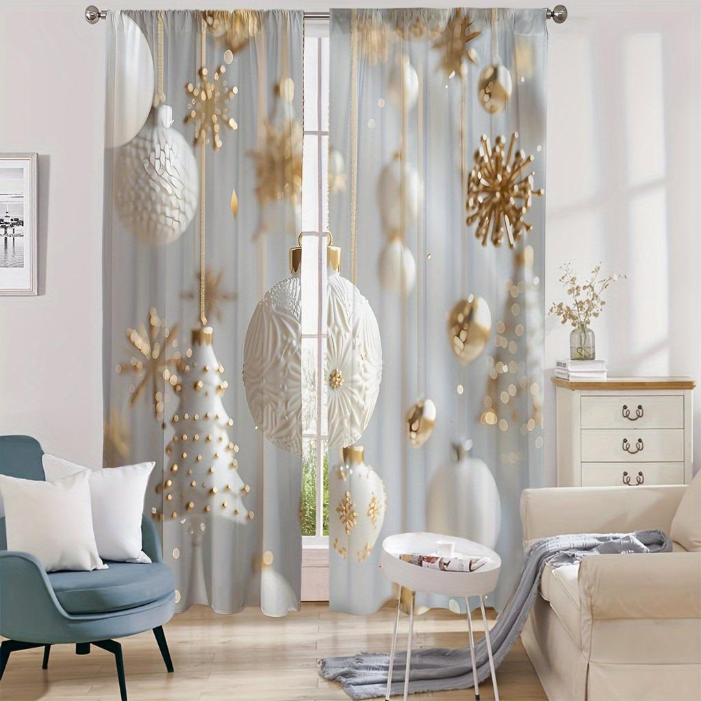 2PCS Elegant Cortinas Gold and White Christmas Ball Christmas Tree Snowman Print Curtains for Bedroom Living Room Decoration