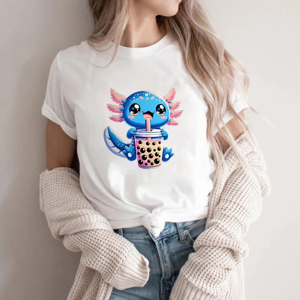 Cute Hexagonal Dinosaur Cartoon Drinking Milk Tea Printed Tshirt Cute Sweet Versatile Short Sleeve Womens Casual Top S