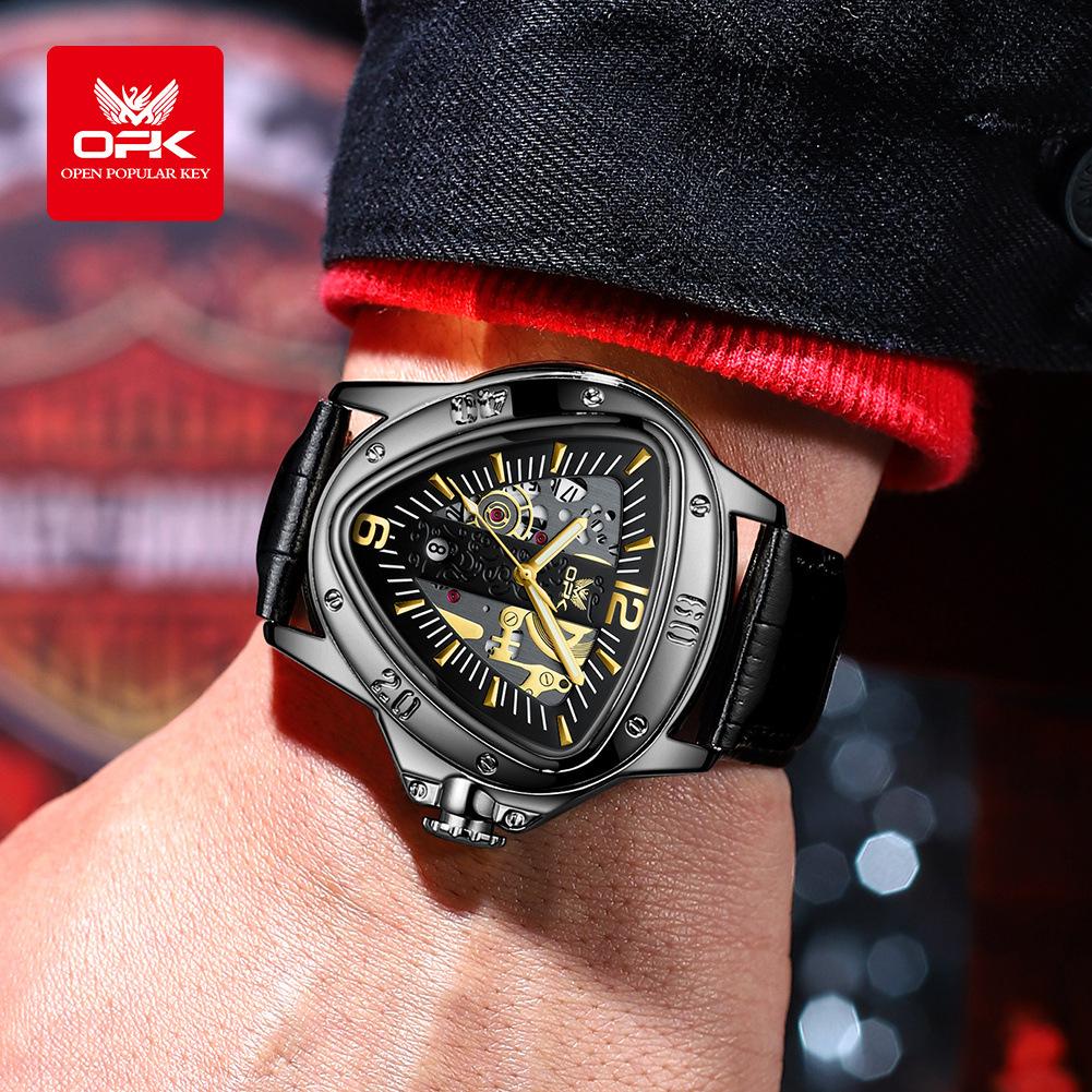 OPK Modny Oryginalny Zegarek Kwarcowy Dla Mężczyzn Luksusowa Trójkątna Tarcza Wodoodporny Luminescencyjny Skórzany Zegarek Dla Biznesmena