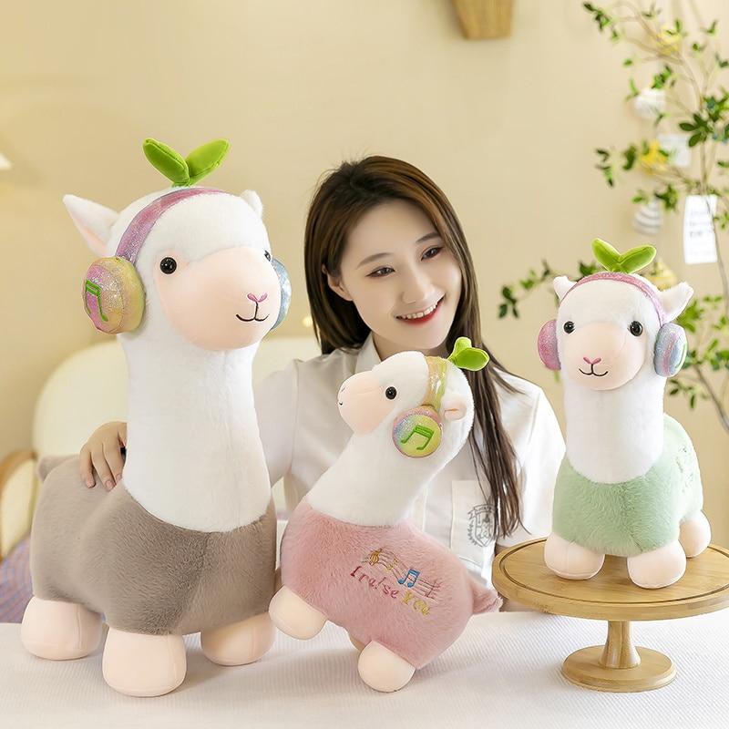 Adorable Alpaca with Headphones Peluche Toys Kawaii Standing Alpacasso Plushie Pillow Dolls for Children Girls Gift Toy