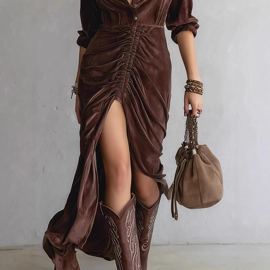 2025 Autumn/Winter Velvet Ruffled Slit Long Shirt Dress with Lapel and Buttons