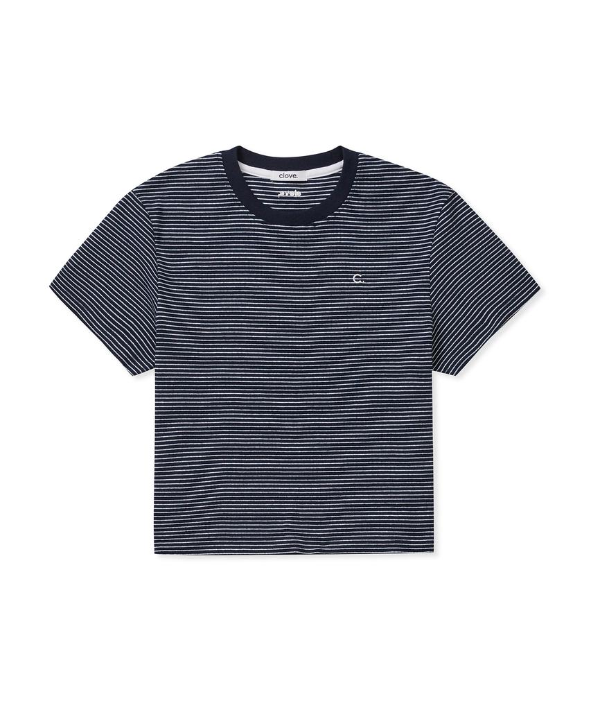 CLOVE [25Ss Clove] Ribbed Stripe Short T-Shirt (Navy)