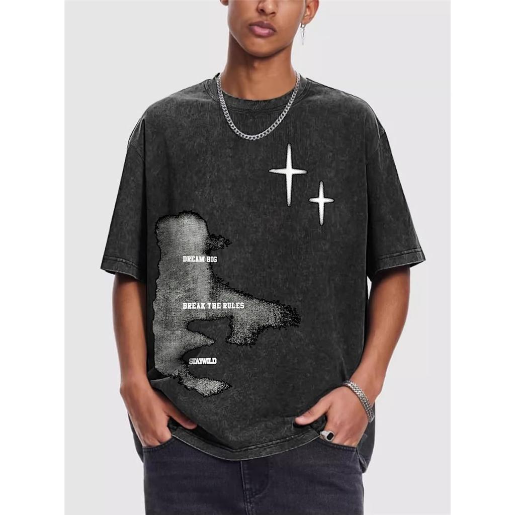 Washed Portrait Slogan Print 100% Cotton Oversized Short Sleeve T-shirt