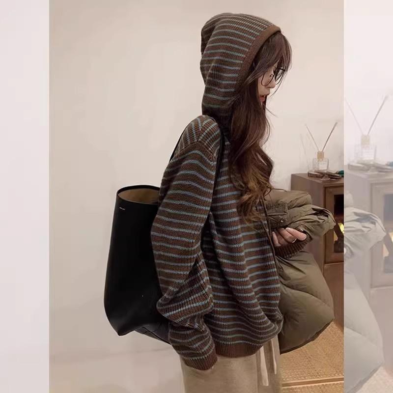 2024 A/W Striped Vintage Knit Hooded Sweater Coat