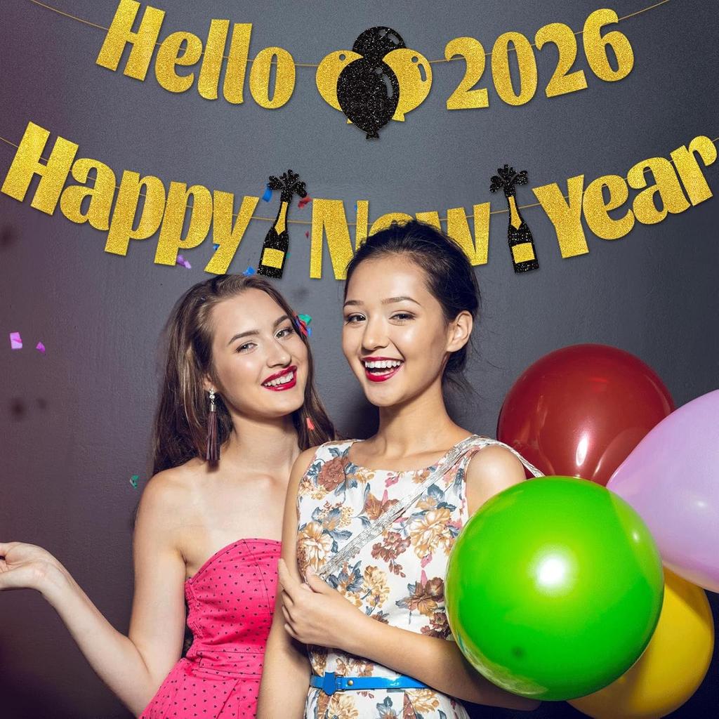 2026 New Year Banner with Sparkling Gold Letters - Elegant "Hello 2026 Happy New Year" Glitter Party Banner for New Year's Eve Decorations, Holiday