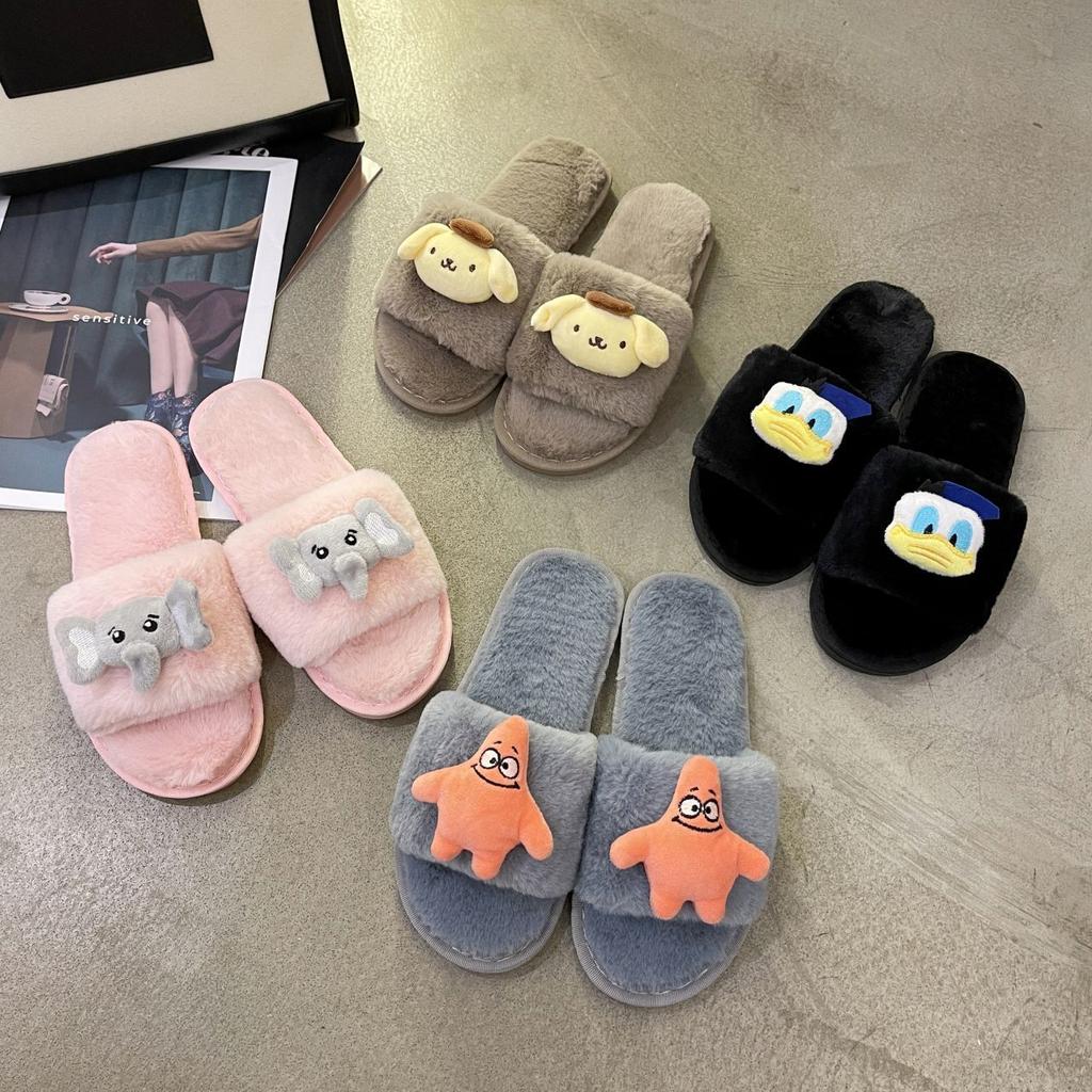 Home Indoor Cartoon Plush One-word Student Cotton Slippers 2025 Autumn and Winter New Internet Celebrity Fluffy Slippers Women