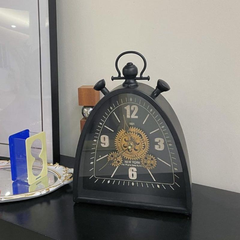 Antique Table Clock Retro Metal Silent Desktop Clocks Desk Clock with Rotating Gear Living Room Decoration and Accessories