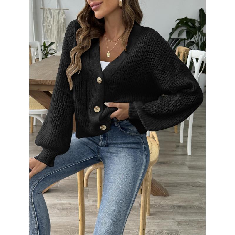 Women Casual Short V Neck Button Cardigan Knit Sweater Outerwear