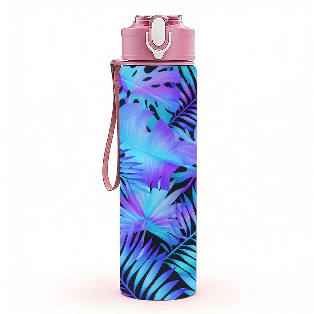 1PC Tropical Blue Palm Leaf Art 750ml Color Plastic Sports Water Bottle Leakproof Flip Straw Lid Suitable for Sports Office Home Use