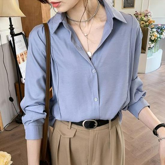 Spring Korean Style Solid Color Long Sleeve Overlap Shirt for Women