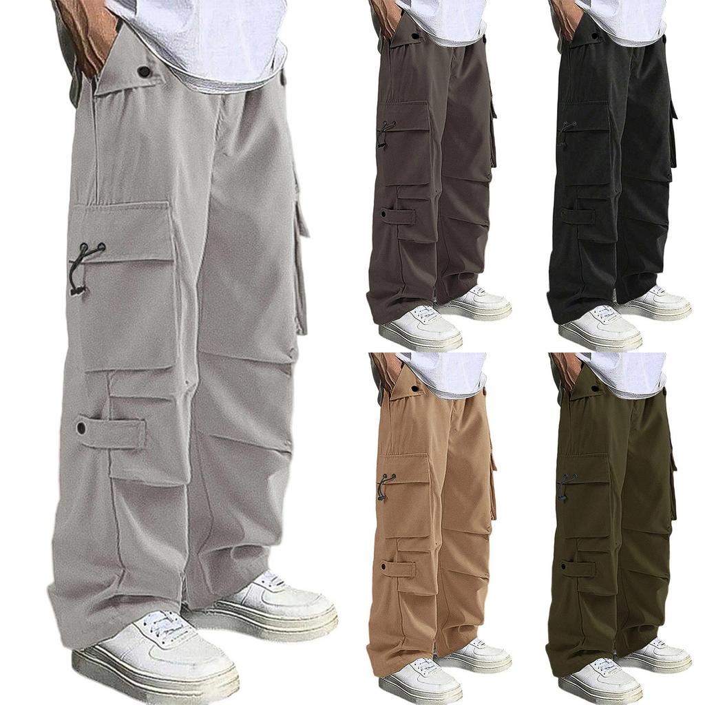 Men's Loose Casual Multi-pocket Work Pants, Youth Stretch Waist Drawstring  Pants