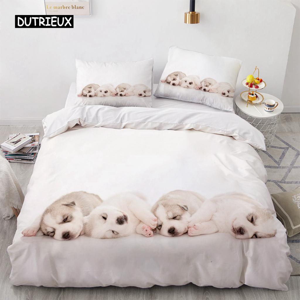 Lovely Animal 3D Bedding Sets White Duvet Quilt Cover Set Comforter Bed Linen Pillowcase King Queen 200*220cm Size Dogs Pets Dog