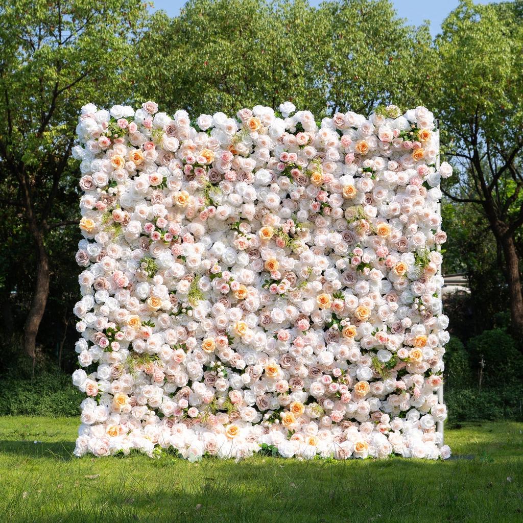 Uflower Artificial Flower Wall Roll-Up White Champagne Rose Hanging Fabric Floral Backdrop for Wedding Event Party Decorations
