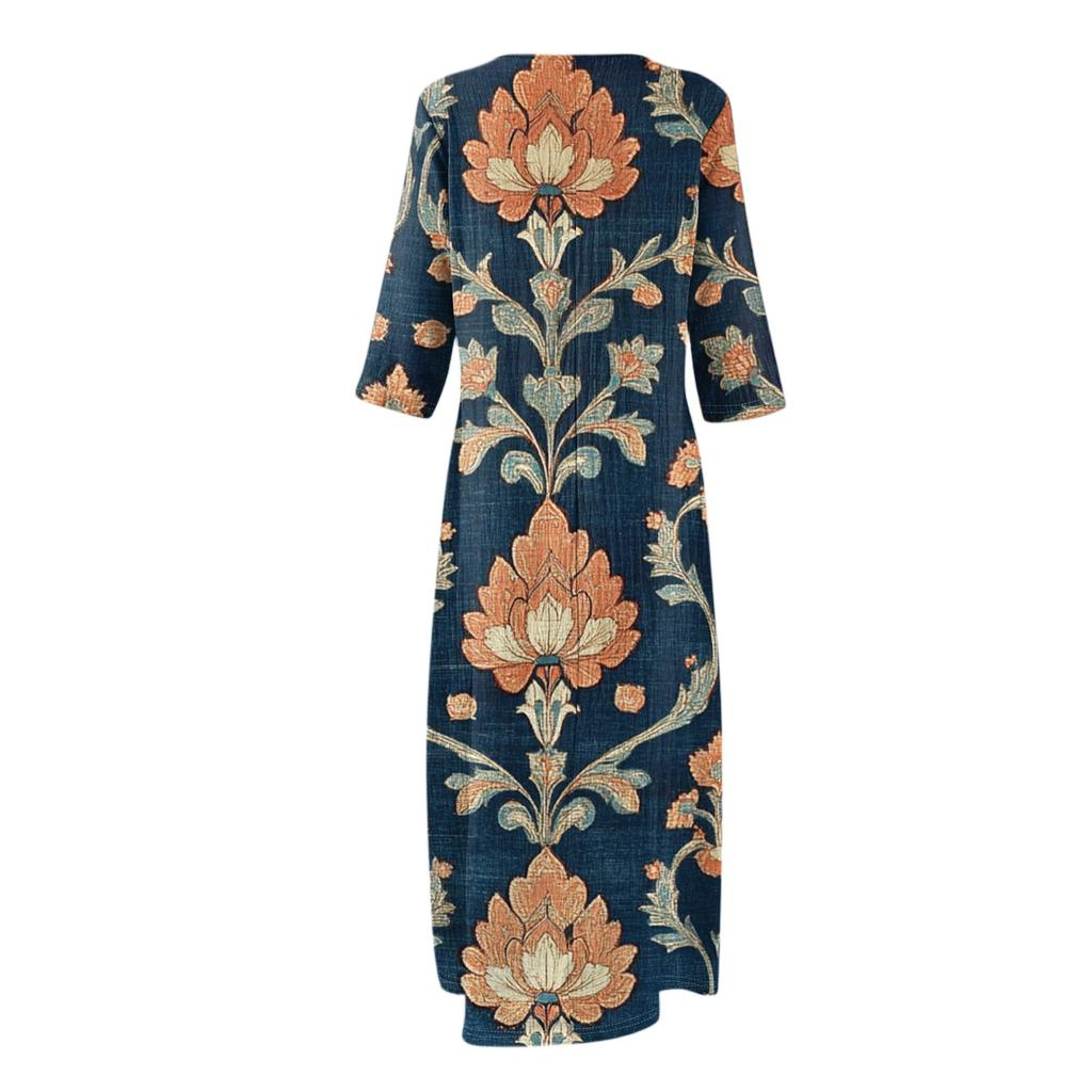 Dresses For Womens Vintage Print Tunic Waisted Midi Dress Summer Casual 3/4 Sleeve Dress