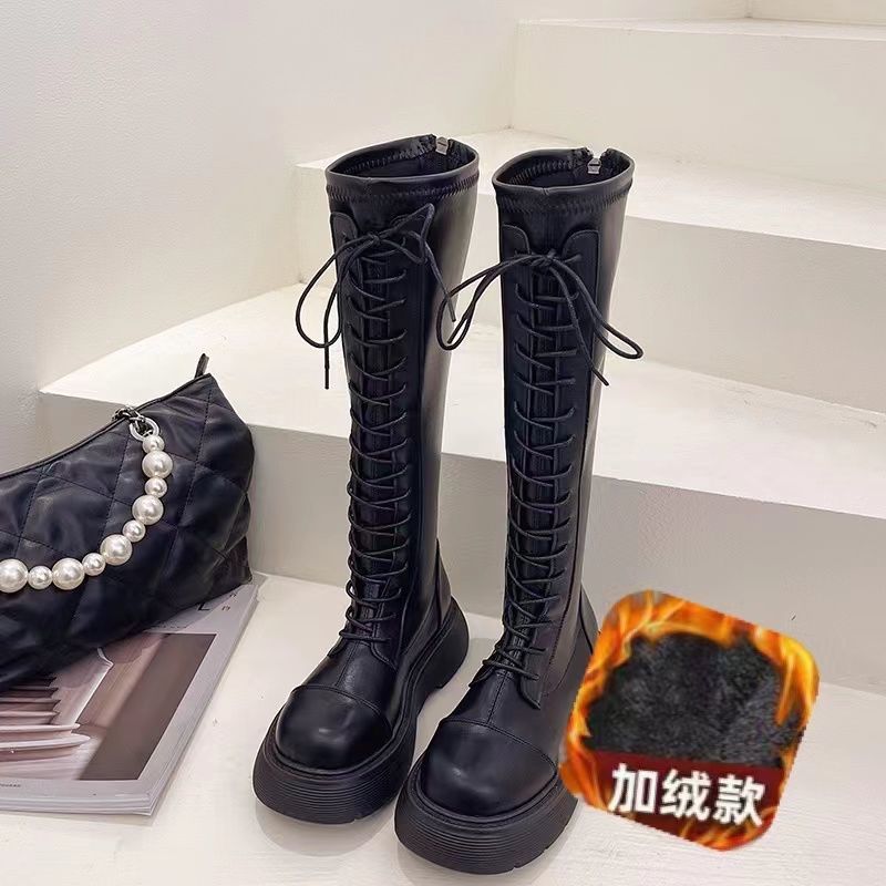 Stövlar Damstövlar Nytt på hösten och vintern Vita Plattformstövlar Fleece Snörning Höga Martin-stövlar