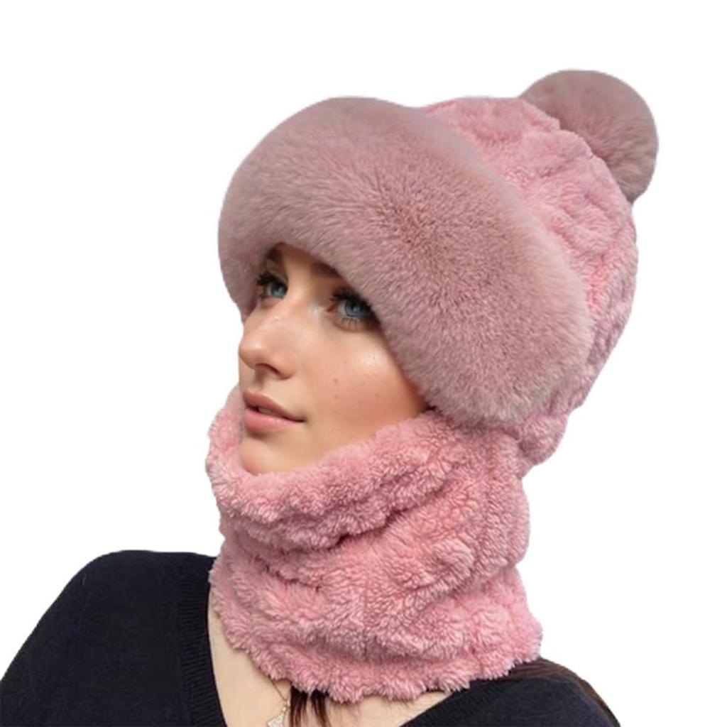 Winter Scarf Hooded Hat Set Women Plush Neck Warm Outdoor Skiing Caps Windproof Plush Hat Thick Plush Fluffy Hood