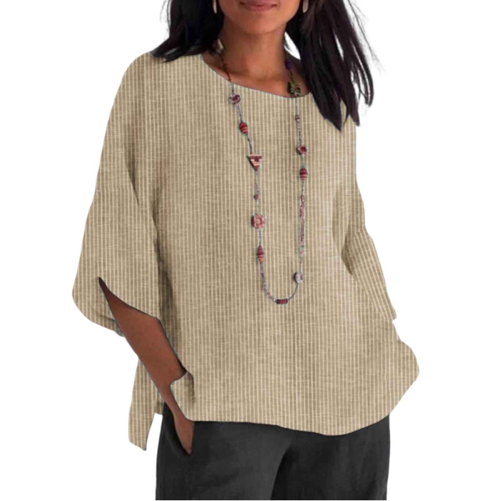 

Женская модная футболка свободного кроя из хлопка и льна с круглым вырезом L хаки