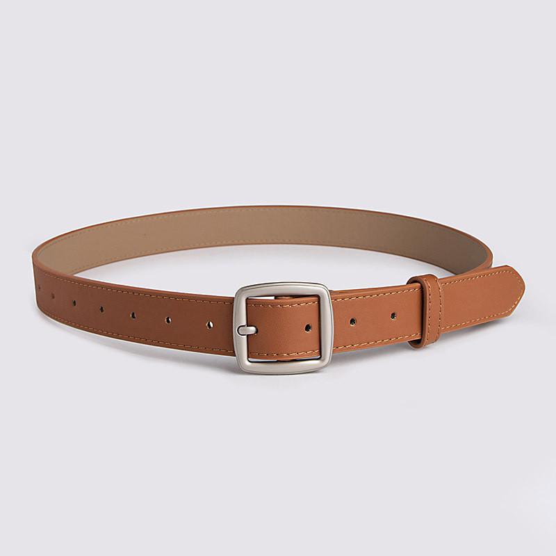 Color Solid Simple Womens Leather Look Belt With Geometric Design Buckle Metal