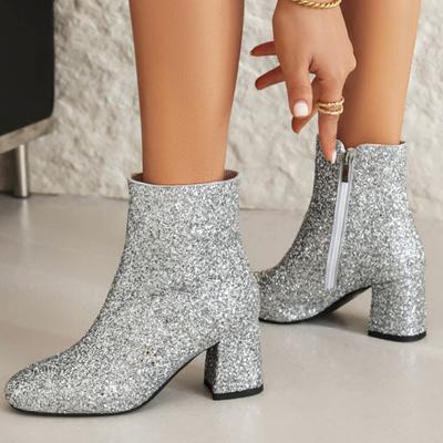 Fashion Luxury Women's Ankle Boots Gold Silver Black Short Boot Zipper Block Low Heels Dance Party Winter Shoes Lady Big Size 45 Brand