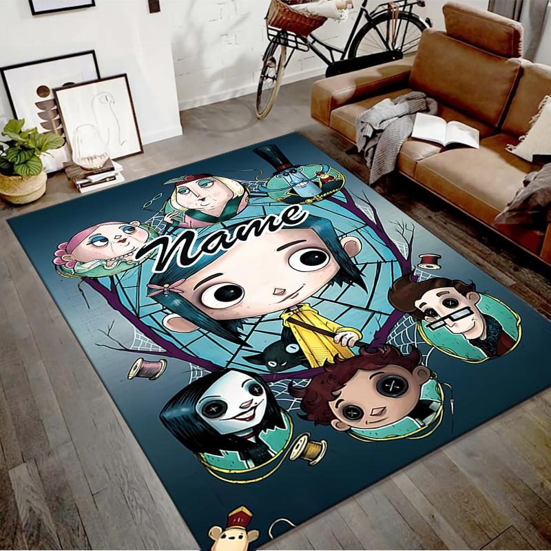 Custom Coraline Mat Personalized Name, Polyester Washable Indoor Entryway Rug, Gift for Christmas, Easter, Thanksgiving Day