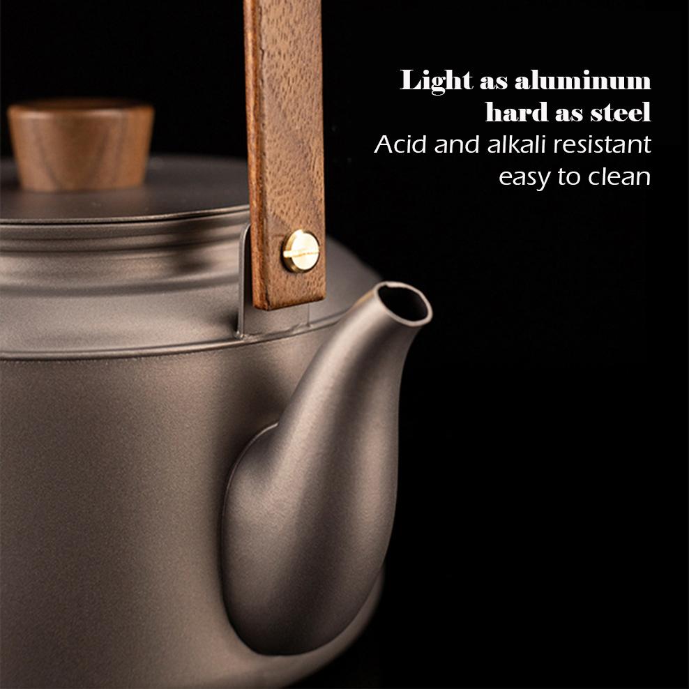 Pure Titanium Tea Kettle, 99.9% Titanium Metal Teapot with Wooden Handle, Camping Boiling Water Kettle, Healthy Tea Infuser, 1L