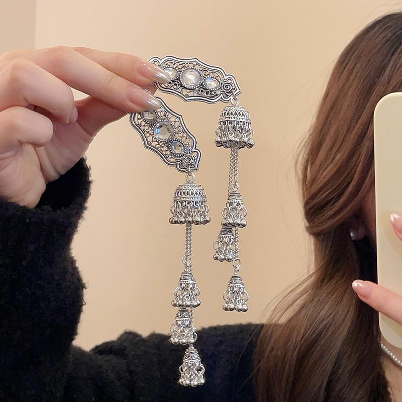 Holiday style retro silver diamond-encrusted wind fringed hair accessories ethnic style bangs hairpin BB clip headgear travel
