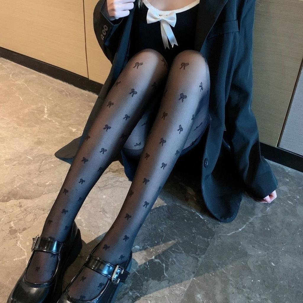 Black Bowknot Stockings Thin Summer Hot Girl Black Silk Jacquard Student Versatile Pantyhose