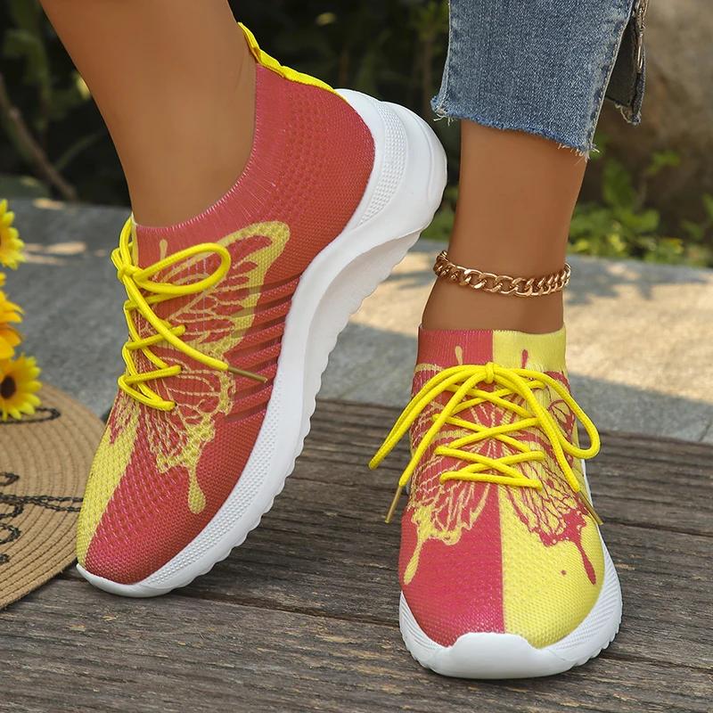 Fashion Fashion Butterfly Print Women's Sports Shoes Summer Mesh Breathable Knitted Sneakers Woman Plus Size Mix Color Platform Sneakers