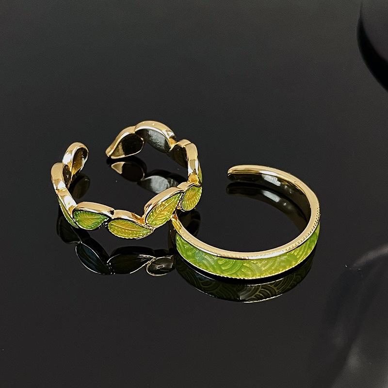 Golden Branch Jade Leaf Enamel Gold Open Ring Women'S Personality Fashion High Sense Stripe Niche Design Ring