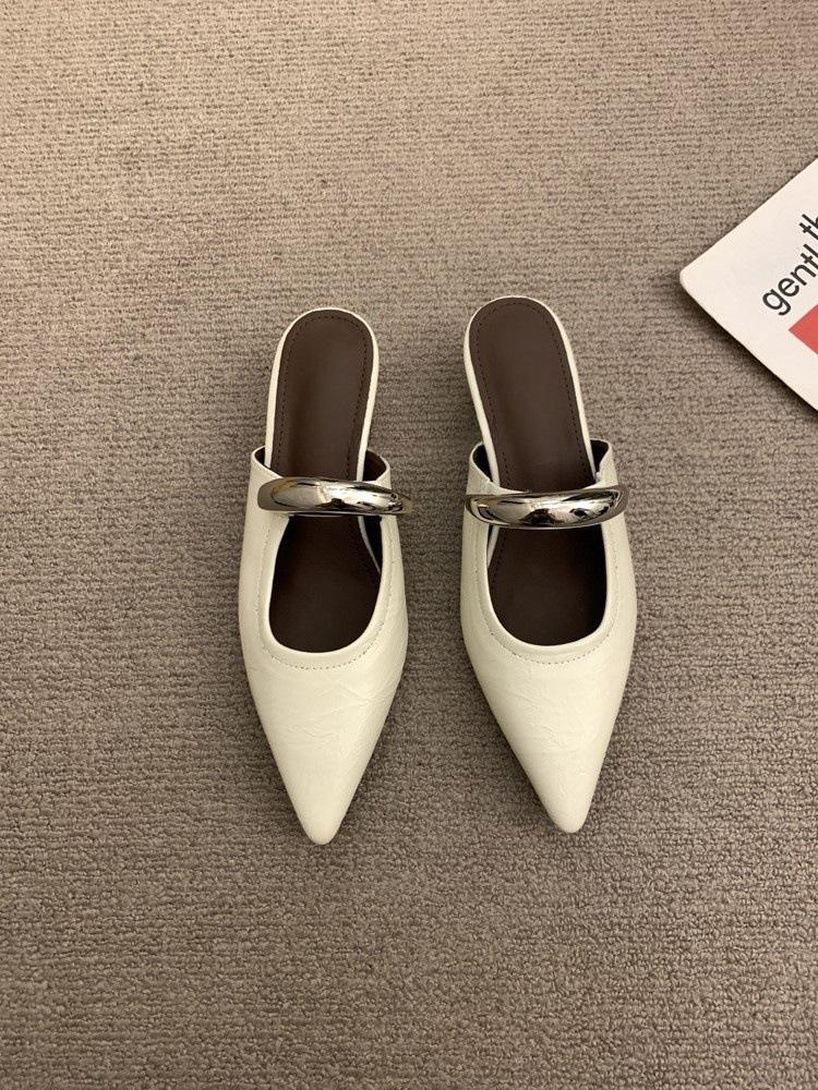 pointed toe bag head half slippers women's spring and autumn new small slope heel single shoes one pedal low heel flat shoes cool slippers