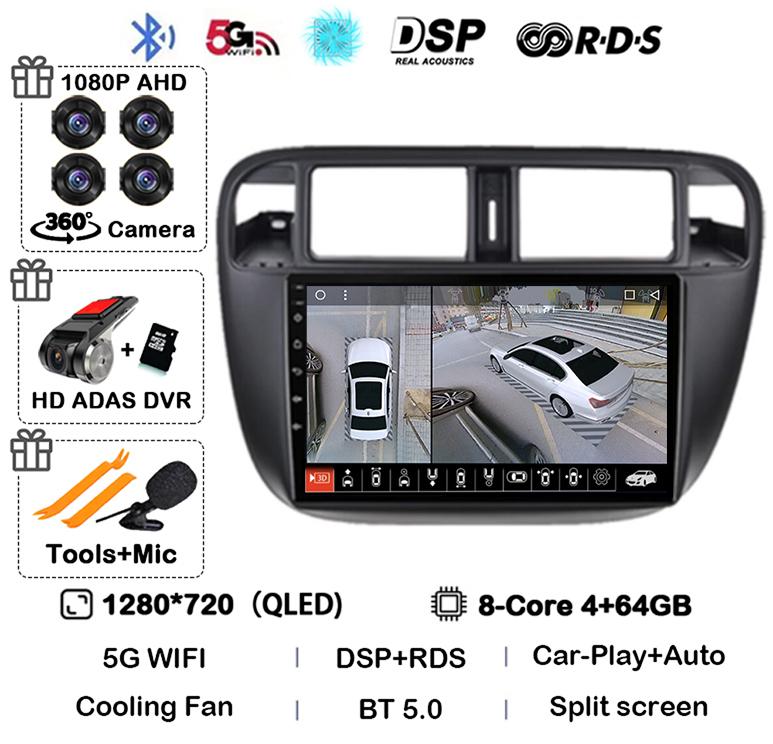 Android 14 Carplay Auto Autoradio WIFI+4G For Honda Civic 1996-2001 Car Radio Multimedia Video Player GPS Stereo 360 Camera WIFI