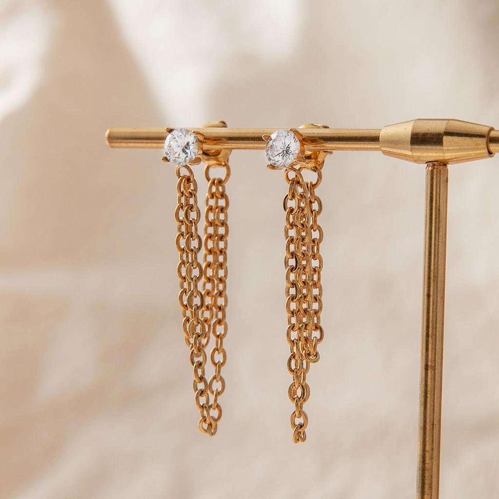 Stainless Steel Zircon Gold Color Double Layer Chain Drop Earrings for Women Minimalist Fashion Aesthetic Daily Jewelry Gift