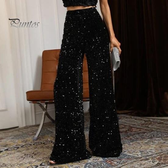 Women Casual Pants Elastic High Waisted Wide Leg Trousers Sparkling Leisure Design Sequin Parties Vacation Streetwear Soft