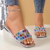 Summer New Crystal Buckle Flat Shoes for Women Fashionable Square Toe Exposed Soft-soled Anti-slip Slippers