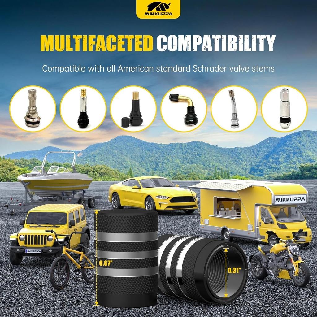 MIKKUPPA Tire Valve Caps - 5 Pack Tire Air Cap Metal with Plastic Liner Corrosion Resistant Leak-Proof Valve Stem Caps for Car, Motorbike, Trucks,