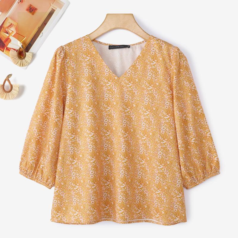 

ZANZEA Женская повседневная блузка с V-образным вырезом, рукавом 3/4 и свободным принтом 4XL жёлтый
