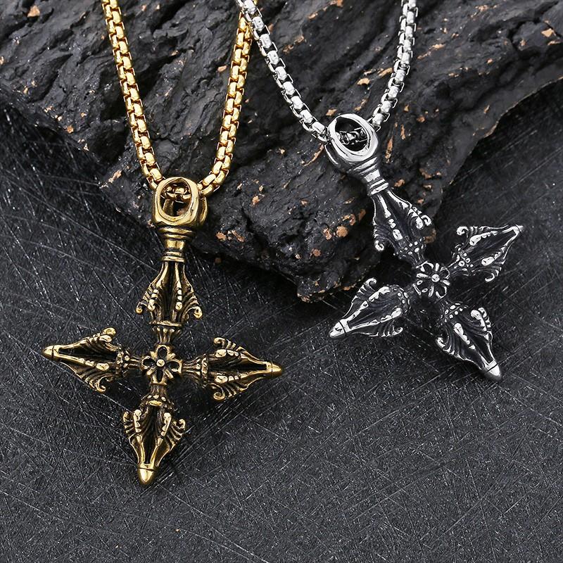 Hip Hop Stainless Steel Crown Cross Pendant Necklace Men's Women's Gothic Demon Subduing Pestle 60cm Necklace Gold Color Jewelry