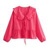 2024 Summer Solid Color Lapel Cardigan Women's Slim Fit Tie Waist Long Sleeve Shirt B63060