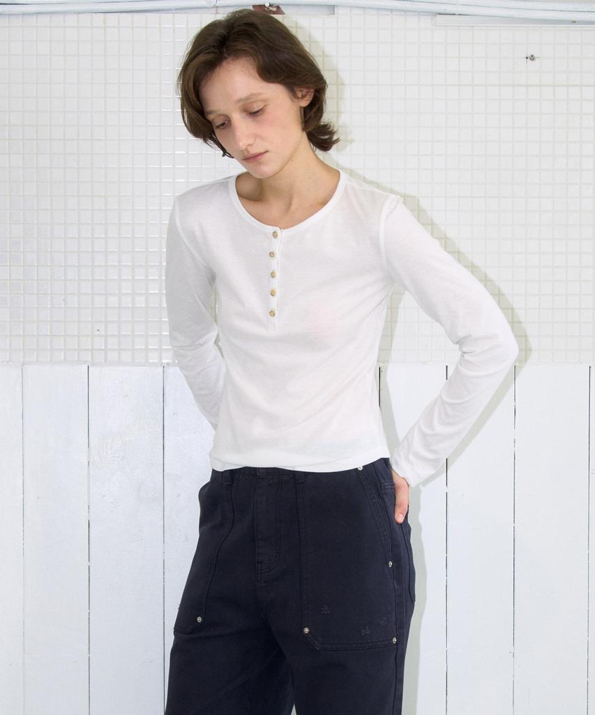 MILLO WOMEN Tape Henley Neck T-Shirt [Ivory]