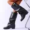 Fashion Brand Design Black Pu Leather Knee High Boots Women Slip On Height Increase Long Boots Woman Fashion Plus Size 42 Wide Leg Botas