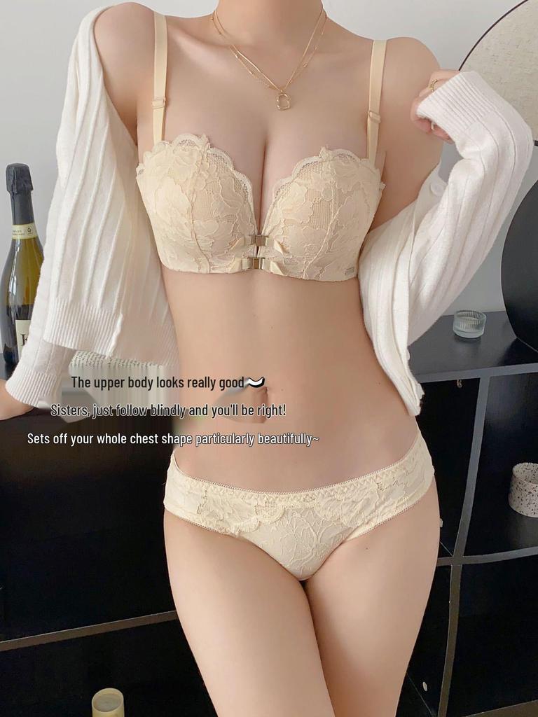 Women's Push-Up Lace Bra - Double Front Closure, Wireless, Adjustable, Side Support, Beautiful Back Design